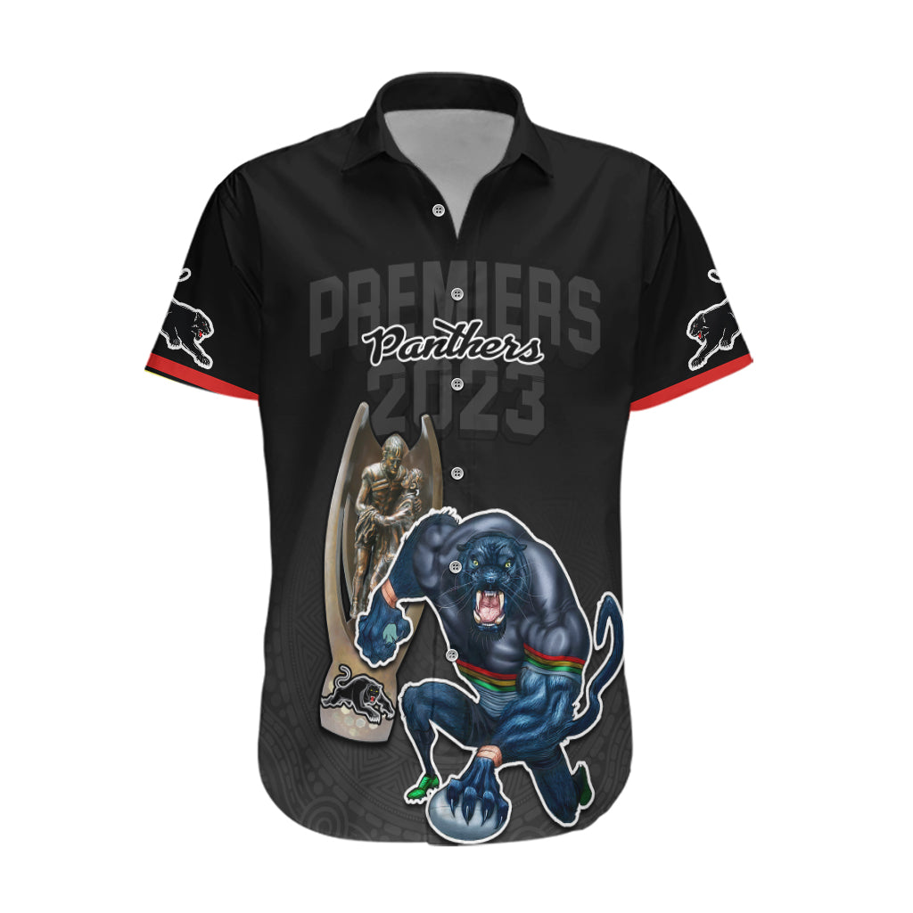 Custom Panthers Premier 2023 Hawaiian Shirt Mascot with NRL Trophy Black Version - Vibe Hoodie Shop