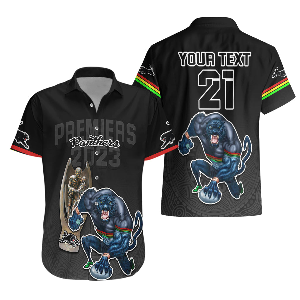 Custom Panthers Premier 2023 Hawaiian Shirt Mascot with NRL Trophy Black Version - Vibe Hoodie Shop