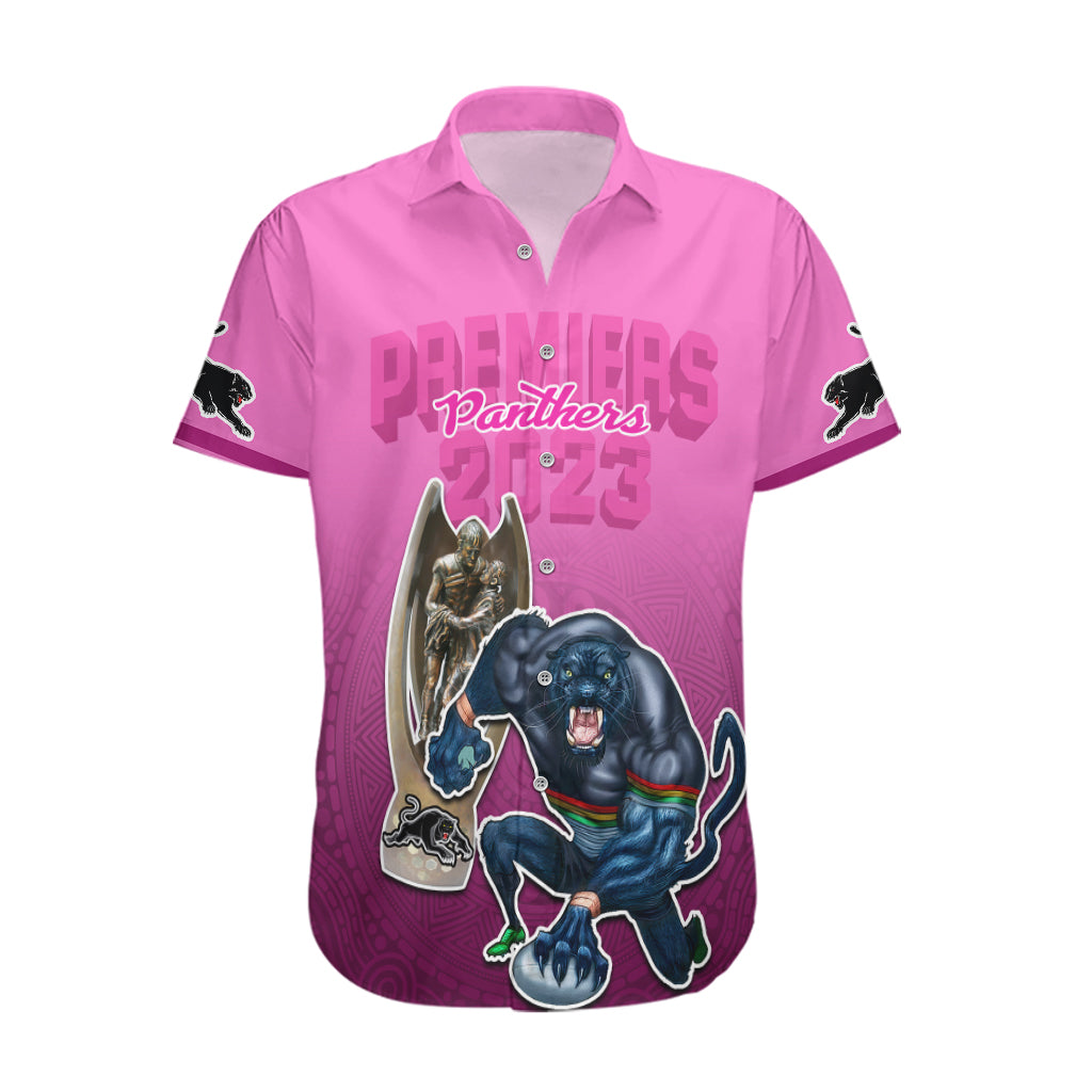 Panthers Premier 2023 Hawaiian Shirt Mascot with NRL Trophy Pink Version - Vibe Hoodie Shop