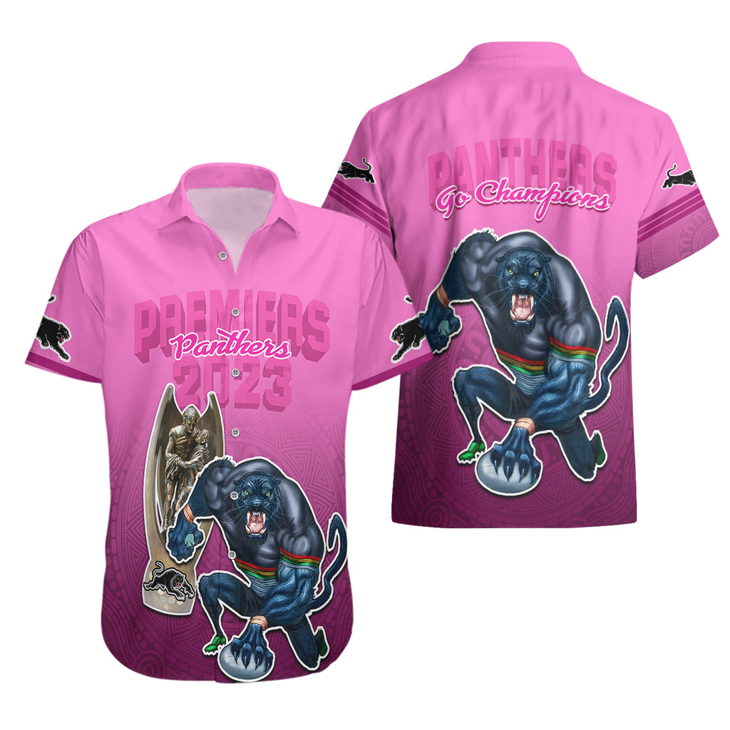 Panthers Premier 2023 Hawaiian Shirt Mascot with NRL Trophy Pink Version - Vibe Hoodie Shop