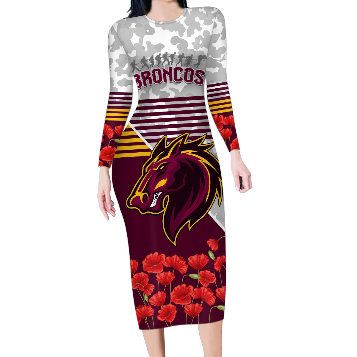 Broncos Rugby ANZAC Day 2024 Family Matching Long Sleeve Bodycon Dress and Hawaiian Shirt Camouflage Style