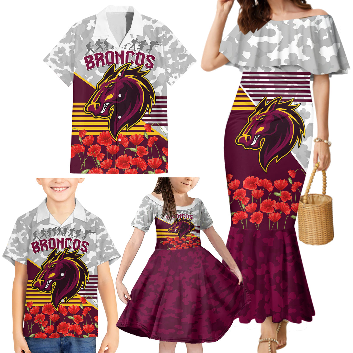 Broncos Rugby ANZAC Day 2024 Family Matching Mermaid Dress and Hawaiian Shirt Camouflage Style