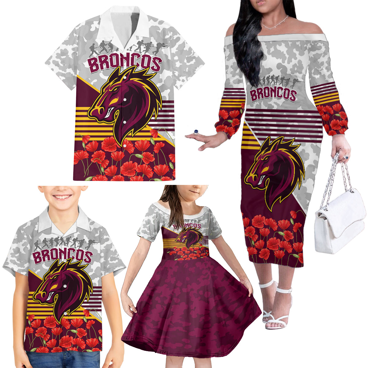 Broncos Rugby ANZAC Day 2024 Family Matching Off Shoulder Long Sleeve Dress and Hawaiian Shirt Camouflage Style