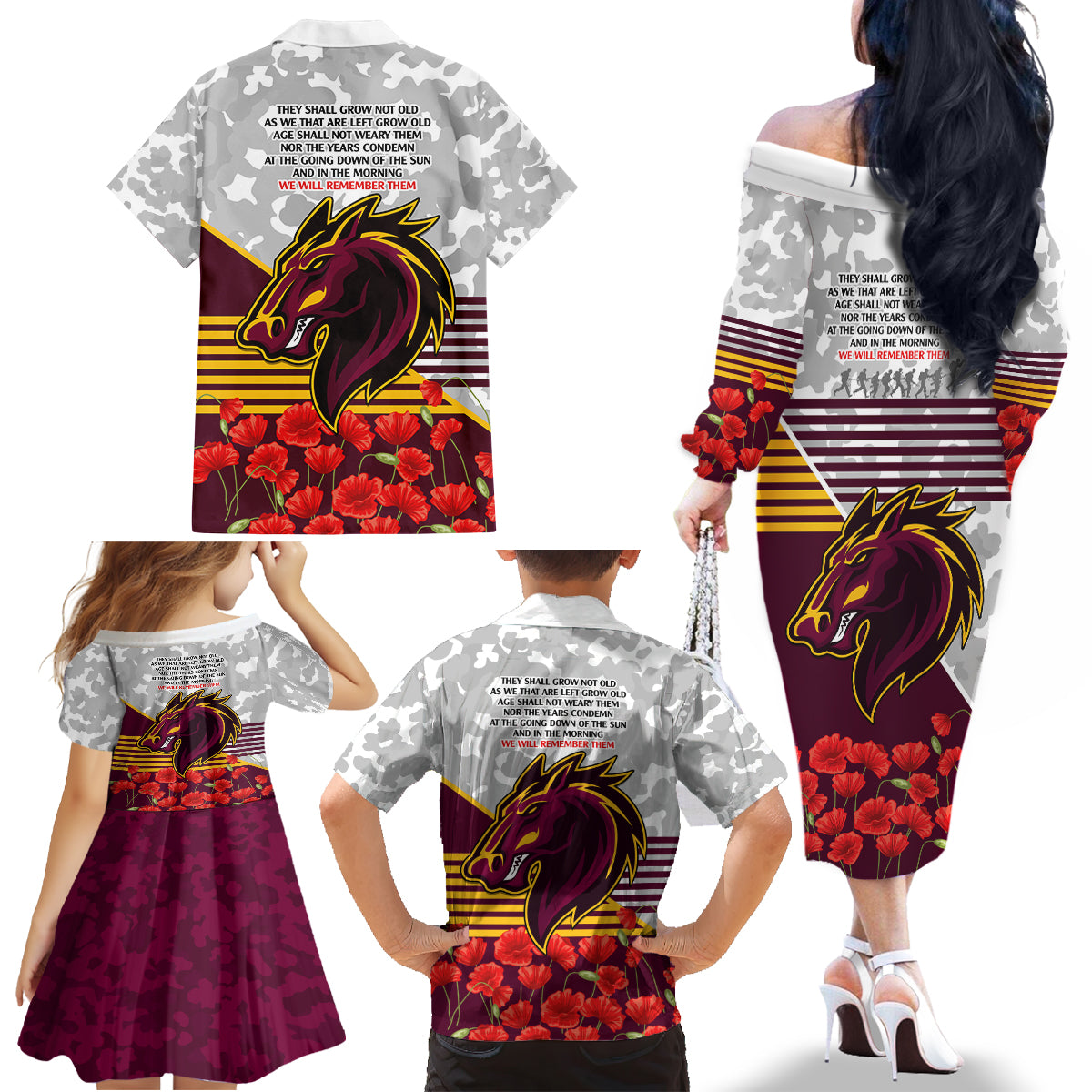 Broncos Rugby ANZAC Day 2024 Family Matching Off Shoulder Long Sleeve Dress and Hawaiian Shirt Camouflage Style