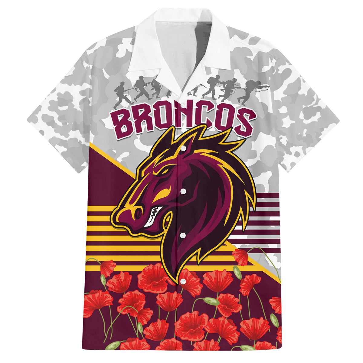 Broncos Rugby ANZAC Day 2024 Family Matching Off Shoulder Long Sleeve Dress and Hawaiian Shirt Camouflage Style