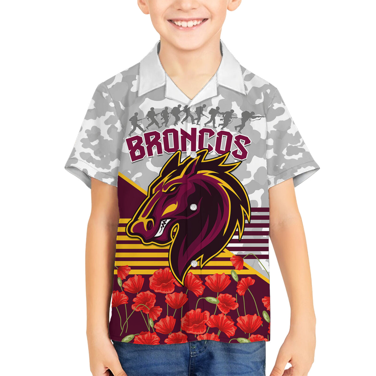 Broncos Rugby ANZAC Day 2024 Family Matching Off Shoulder Maxi Dress and Hawaiian Shirt Camouflage Style