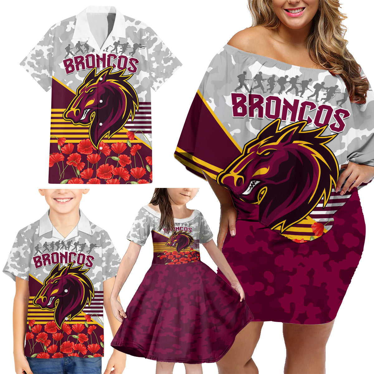 Broncos Rugby ANZAC Day 2024 Family Matching Off Shoulder Short Dress and Hawaiian Shirt Camouflage Style