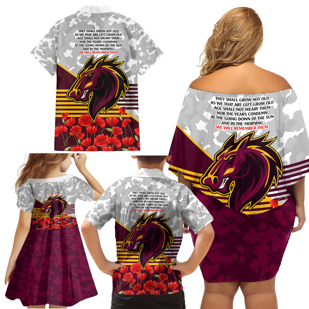 Broncos Rugby ANZAC Day 2024 Family Matching Off Shoulder Short Dress and Hawaiian Shirt Camouflage Style