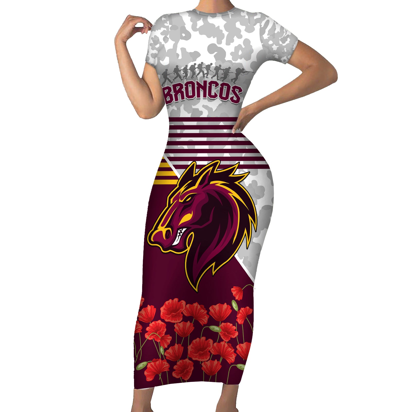 Broncos Rugby ANZAC Day 2024 Family Matching Short Sleeve Bodycon Dress and Hawaiian Shirt Camouflage Style