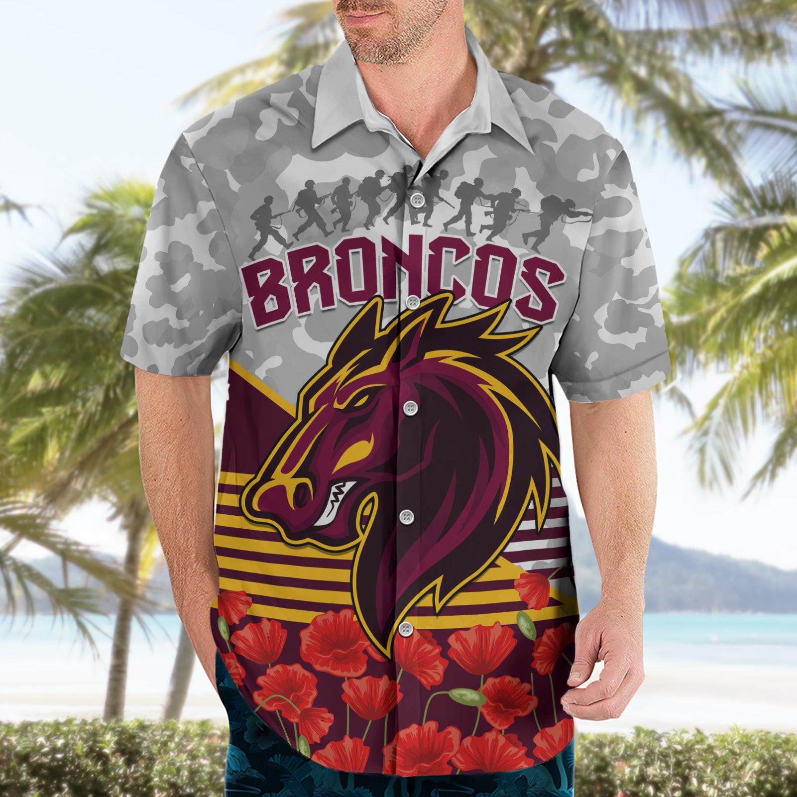 Broncos Rugby ANZAC Day 2024 Hawaiian Shirt Camouflage Style - Vibe Hoodie Shop