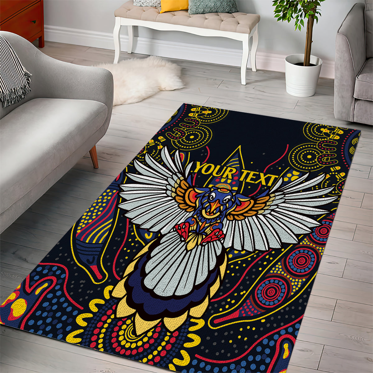 Custom Adelaide Football Area Rug With Crow Aboriginal Art Style - Vibe Hoodie Shop