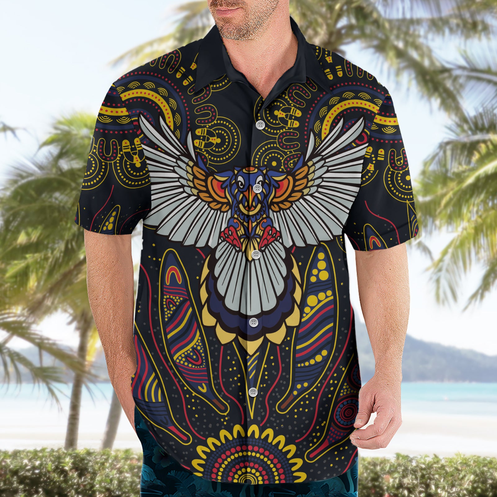 Custom Adelaide Football Hawaiian Shirt With Crow Aboriginal Art Style - Vibe Hoodie Shop