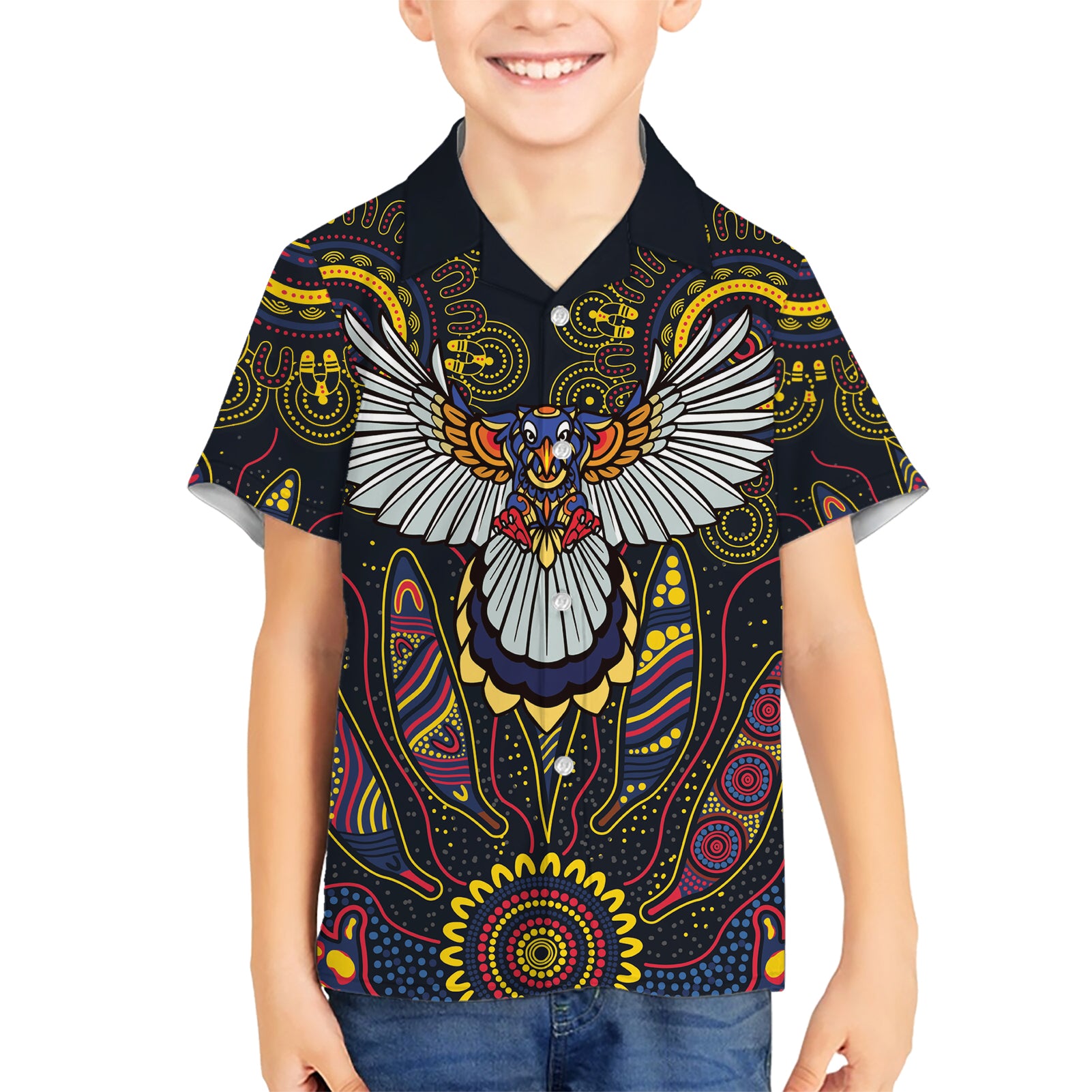 Custom Adelaide Football Hawaiian Shirt With Crow Aboriginal Art Style - Vibe Hoodie Shop