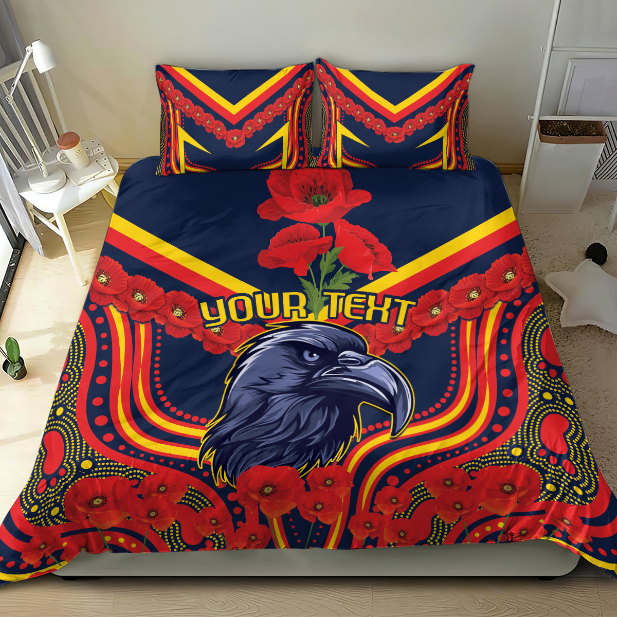 Custom Crows Football ANZAC Bedding Set Poppy Soldier With Aboriginal Dots Art - Vibe Hoodie Shop