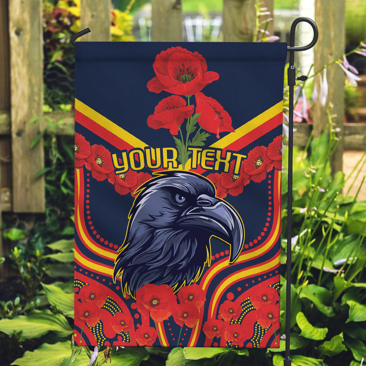 Custom Crows Football ANZAC Garden Flag Poppy Soldier With Aboriginal Dots Art - Vibe Hoodie Shop