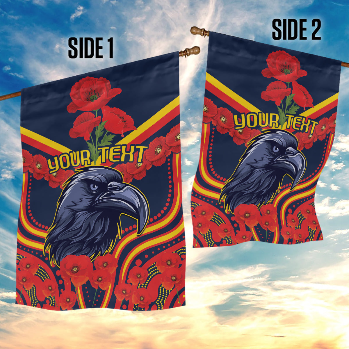 Custom Crows Football ANZAC Garden Flag Poppy Soldier With Aboriginal Dots Art - Vibe Hoodie Shop