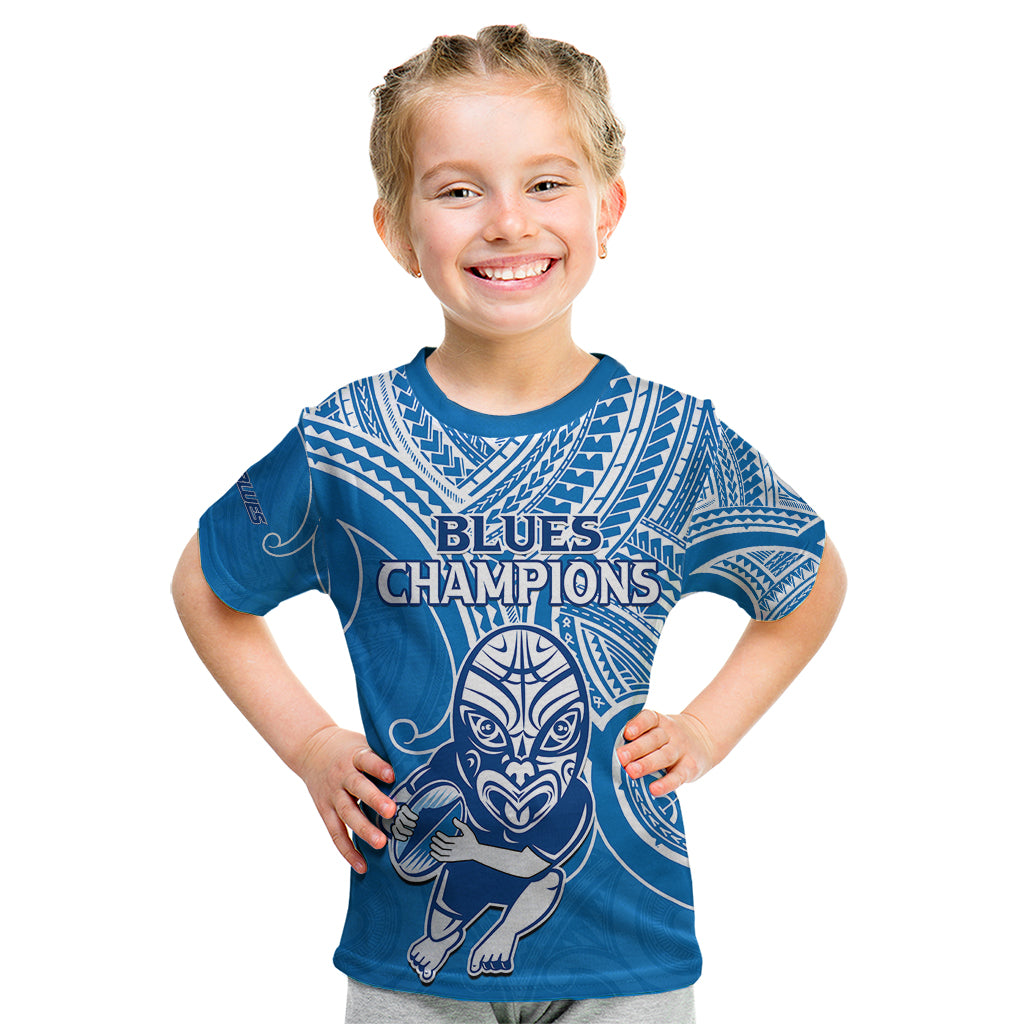 (Custom Text And Number) Blues Super Rugby Kid T Shirt Kahurangi Go Champions 2023 - Vibe Hoodie Shop