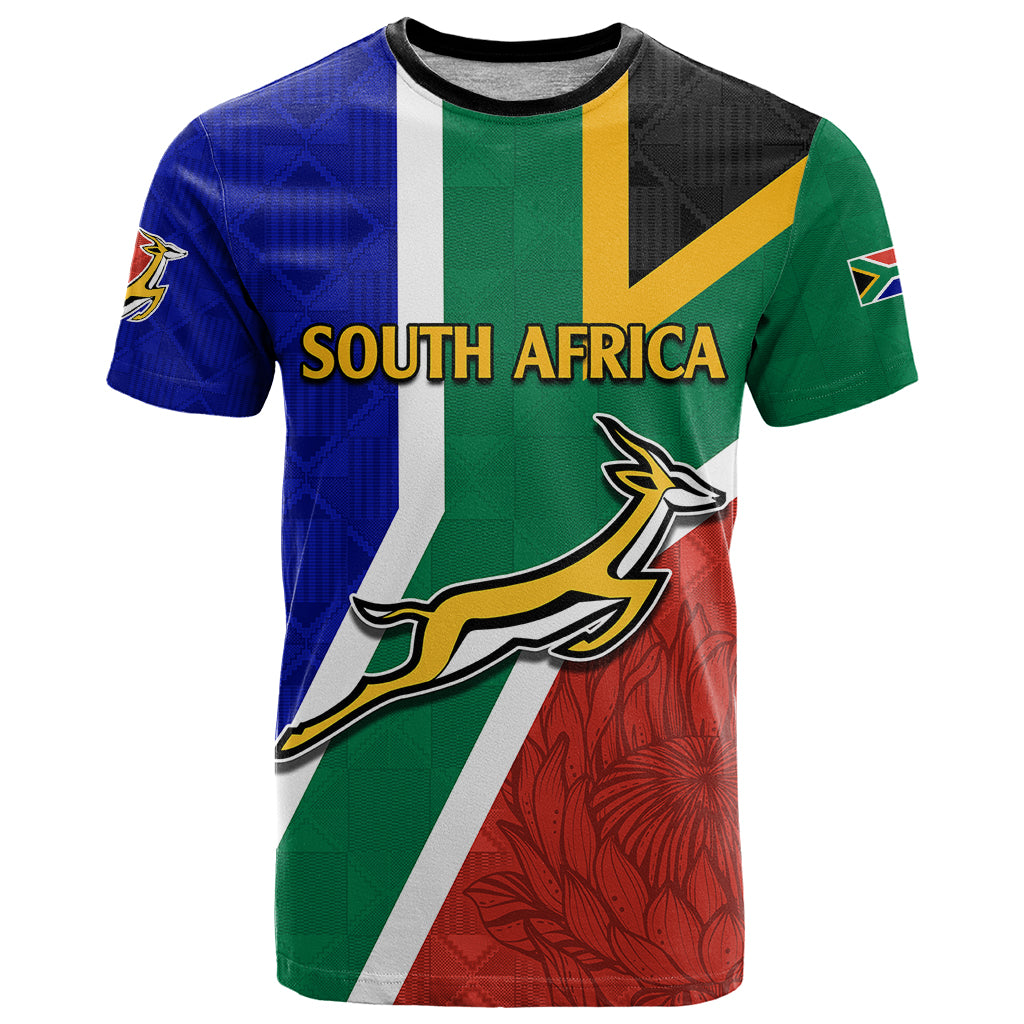 South Africa Springboks T Shirt with Kente Pattern and South African Flag LT9 - Vibe Hoodie Shop