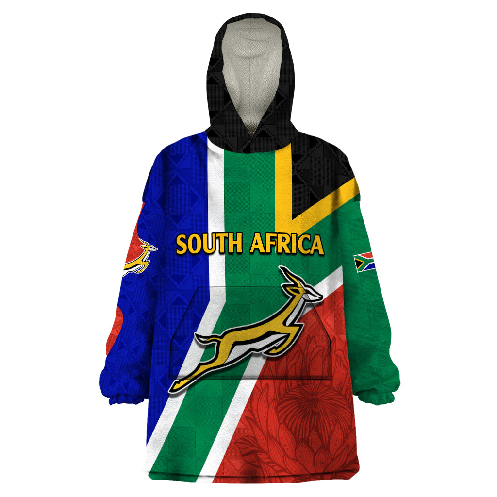 South Africa Springboks Wearable Blanket Hoodie with Kente Pattern and South African Flag - Vibe Hoodie Shop