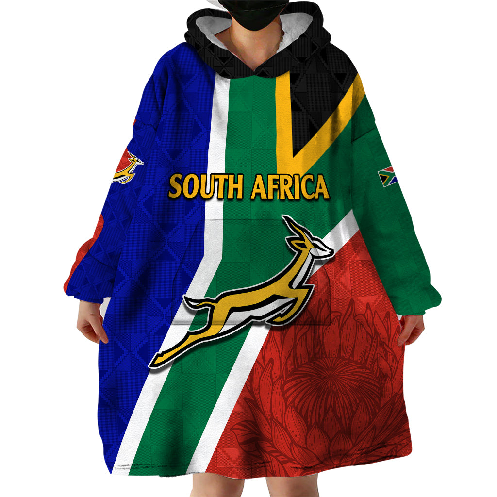 South Africa Springboks Wearable Blanket Hoodie with Kente Pattern and South African Flag - Vibe Hoodie Shop