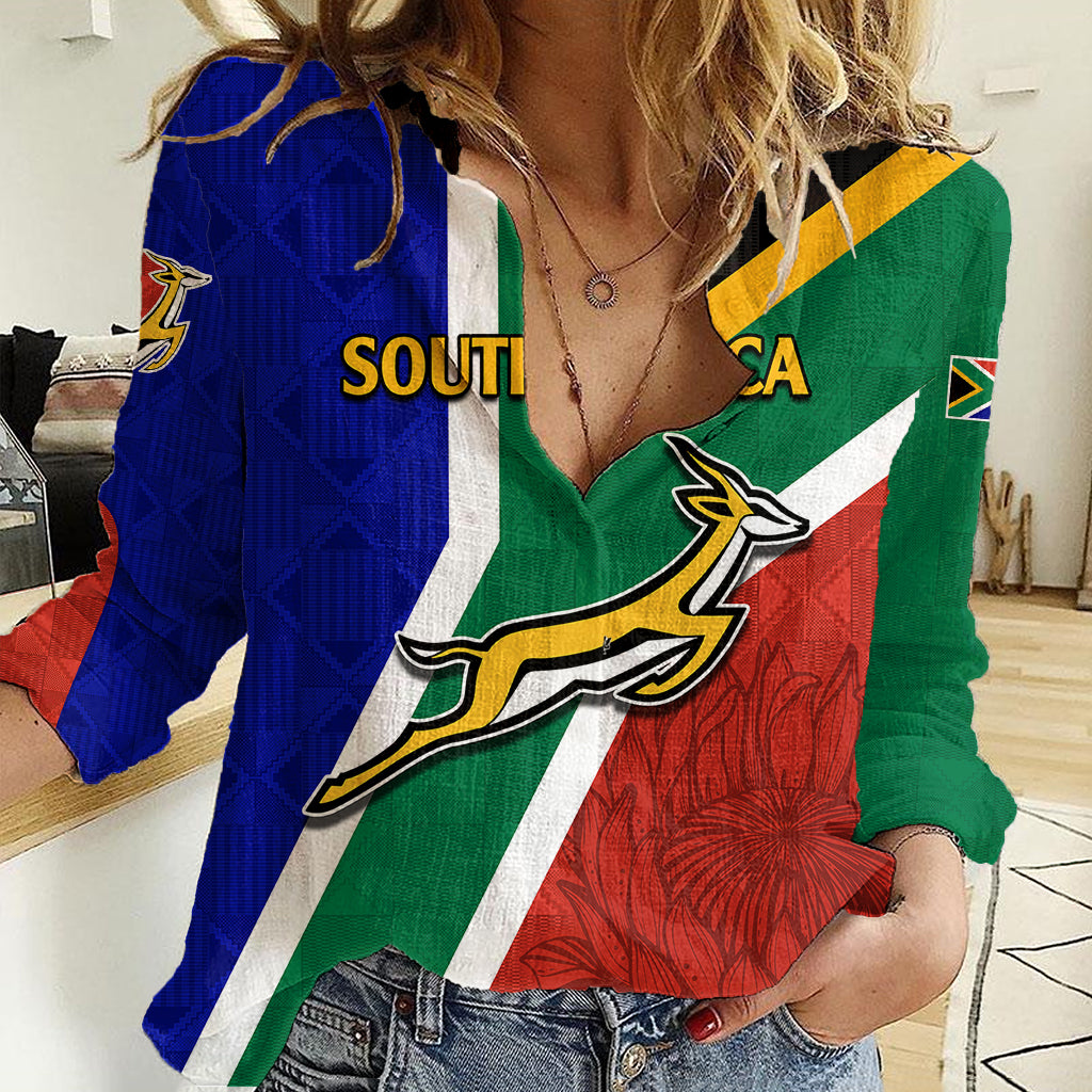 South Africa Springboks Women Casual Shirt with Kente Pattern and South African Flag - Vibe Hoodie Shop