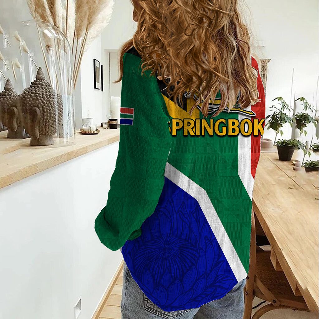 South Africa Springboks Women Casual Shirt with Kente Pattern and South African Flag - Vibe Hoodie Shop