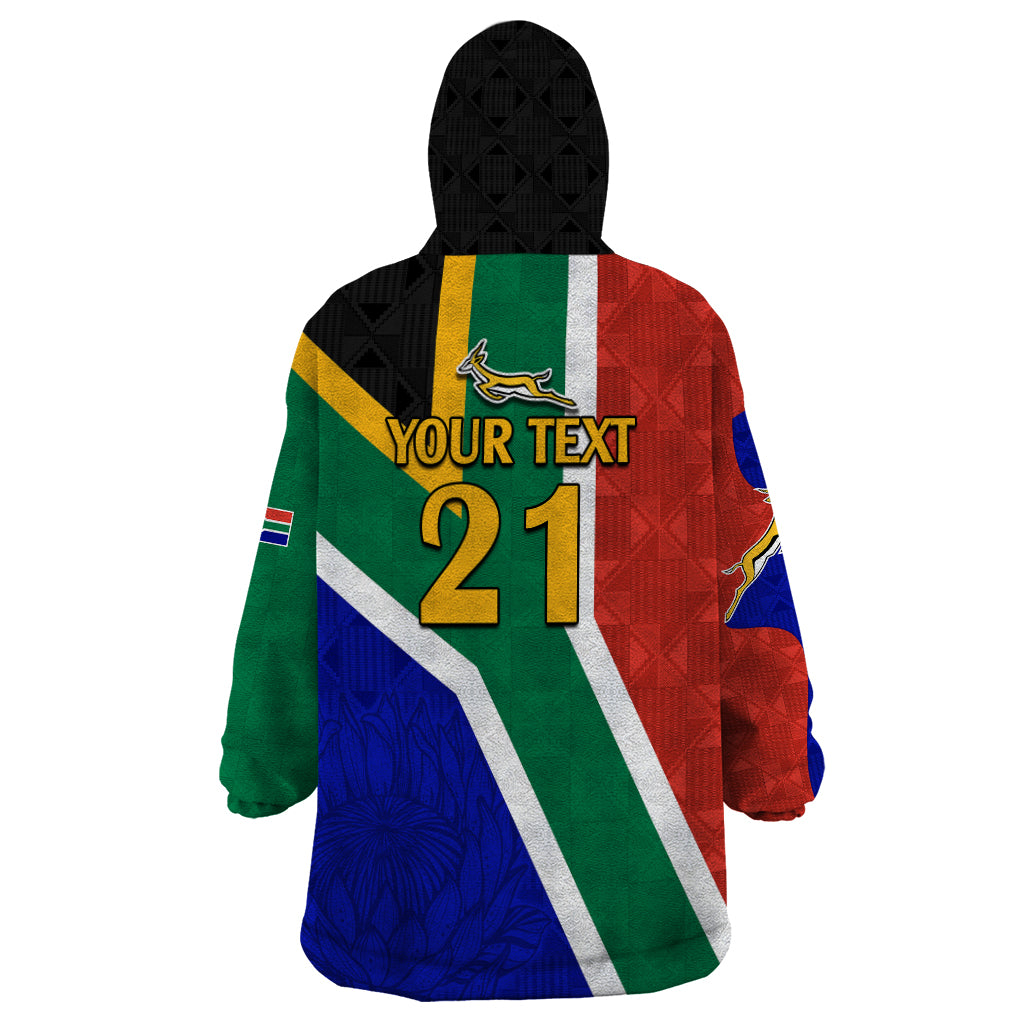 Custom South Africa Springboks Wearable Blanket Hoodie with Kente Pattern and South African Flag - Vibe Hoodie Shop