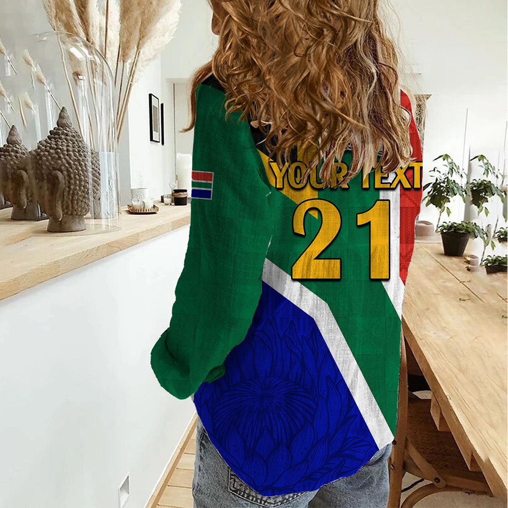 Custom South Africa Springboks Women Casual Shirt with Kente Pattern and South African Flag - Vibe Hoodie Shop
