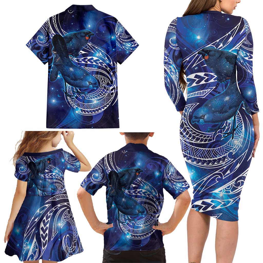 North Island Kokako and South Island Kokako Family Matching Long Sleeve Bodycon Dress and Hawaiian Shirt New Zealand Native Bird with Galaxy Vibe