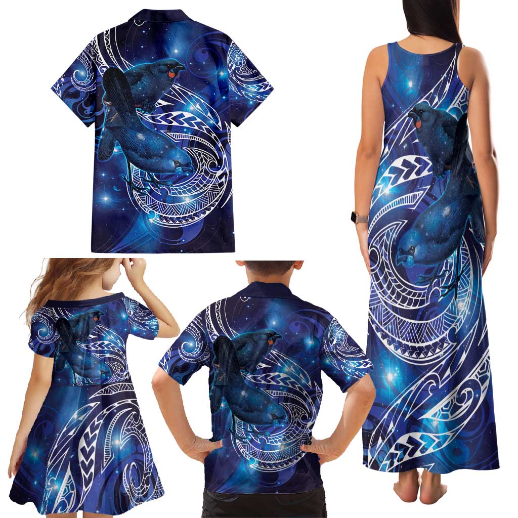 North Island Kokako and South Island Kokako Family Matching Tank Maxi Dress and Hawaiian Shirt New Zealand Native Bird with Galaxy Vibe