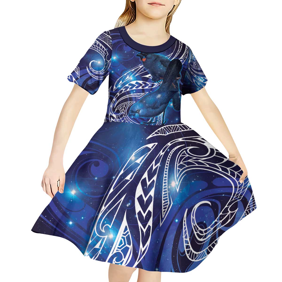 North Island Kokako and South Island Kokako Kid Short Sleeve Dress New Zealand Native Bird with Galaxy Vibe - Vibe Hoodie Shop