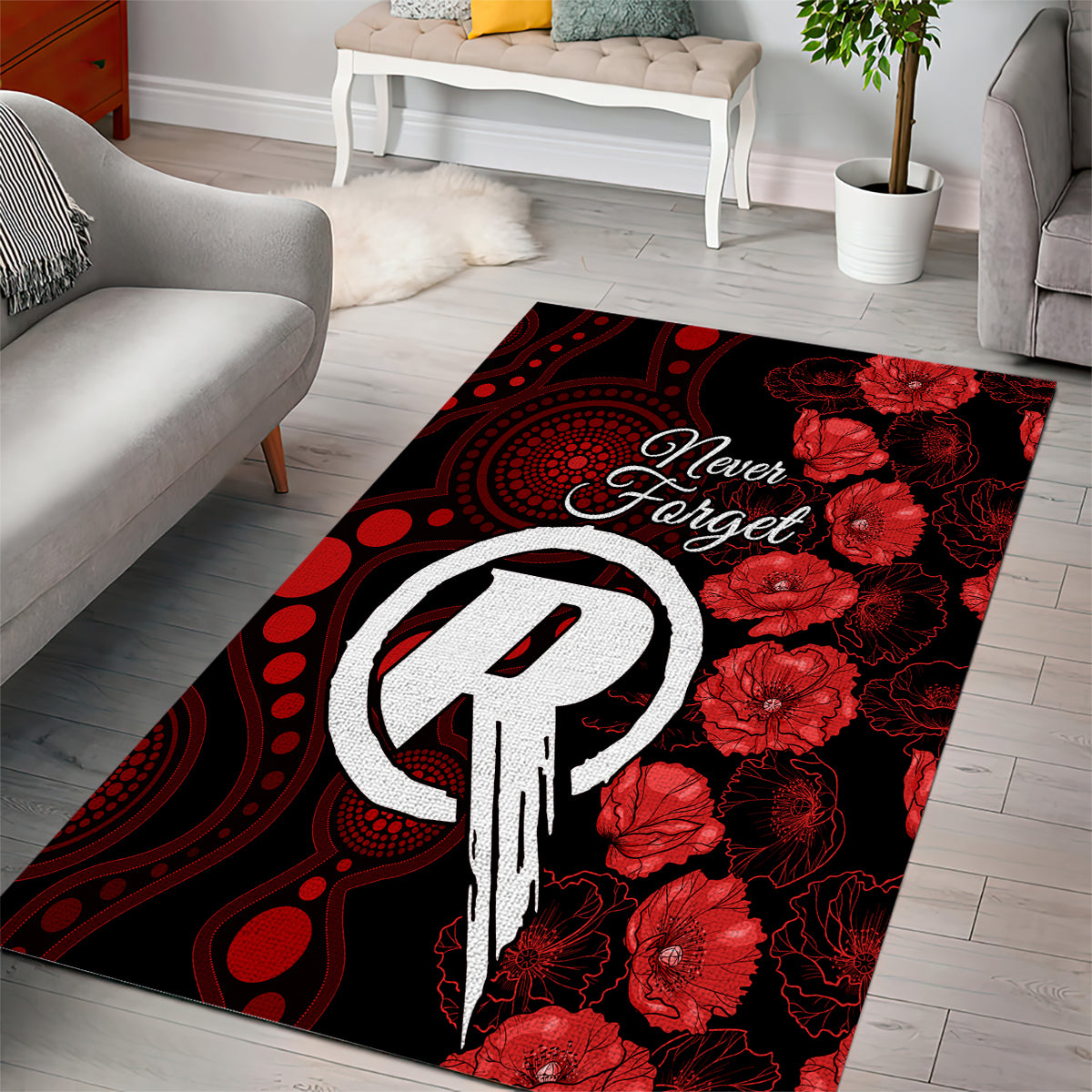 Renegades Cricket Never Forget Custom Area Rug ANZAC Day with Poppy Aboriginal - Vibe Hoodie Shop