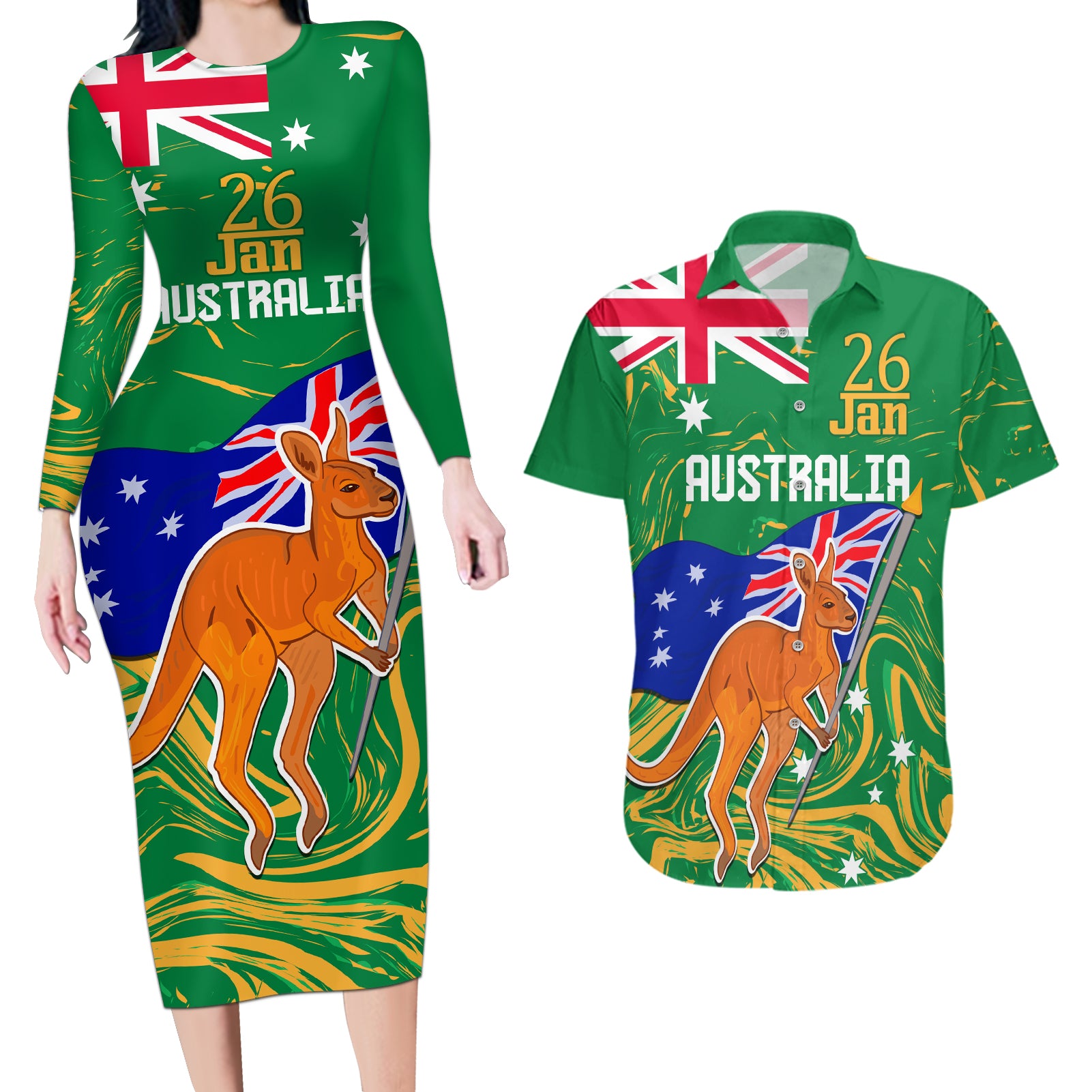 Proud To Be Australia Day Couples Matching Long Sleeve Bodycon Dress and Hawaiian Shirt Kangaroo with National Color