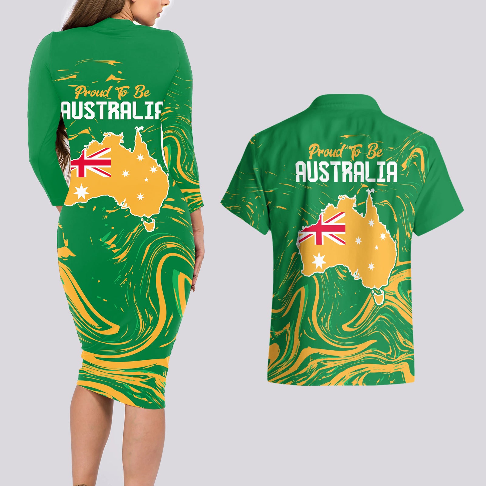 Proud To Be Australia Day Couples Matching Long Sleeve Bodycon Dress and Hawaiian Shirt Kangaroo with National Color