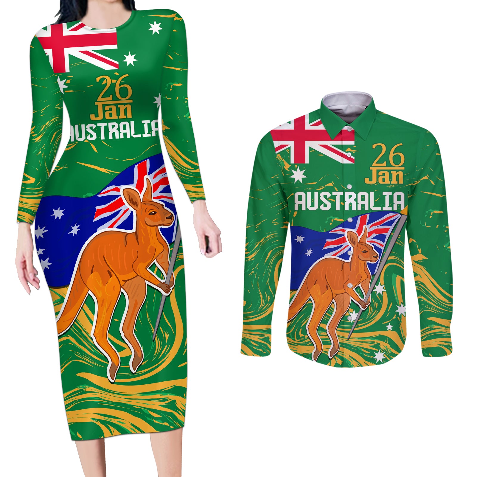 Proud To Be Australia Day Couples Matching Long Sleeve Bodycon Dress and Long Sleeve Button Shirt Kangaroo with National Color