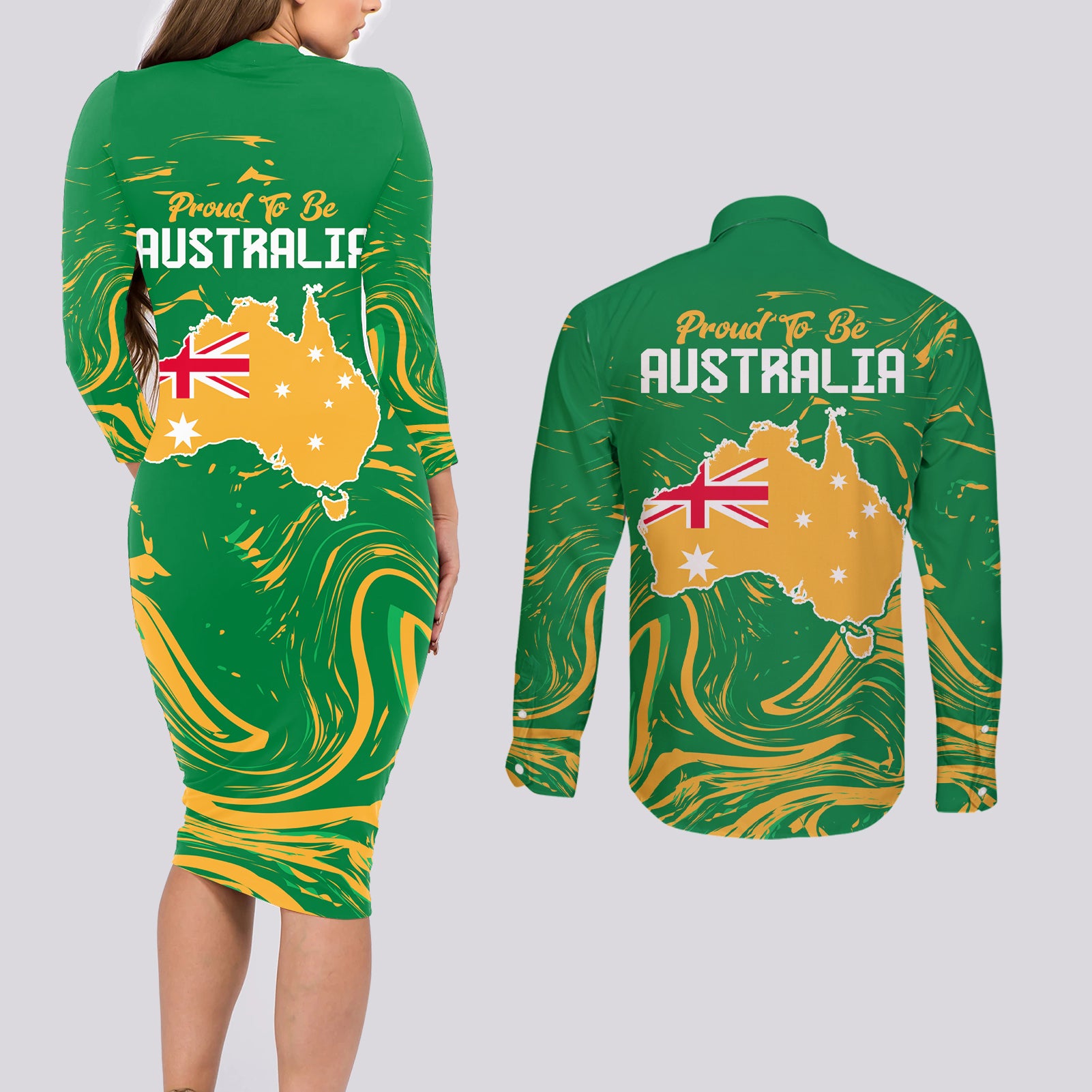 Proud To Be Australia Day Couples Matching Long Sleeve Bodycon Dress and Long Sleeve Button Shirt Kangaroo with National Color