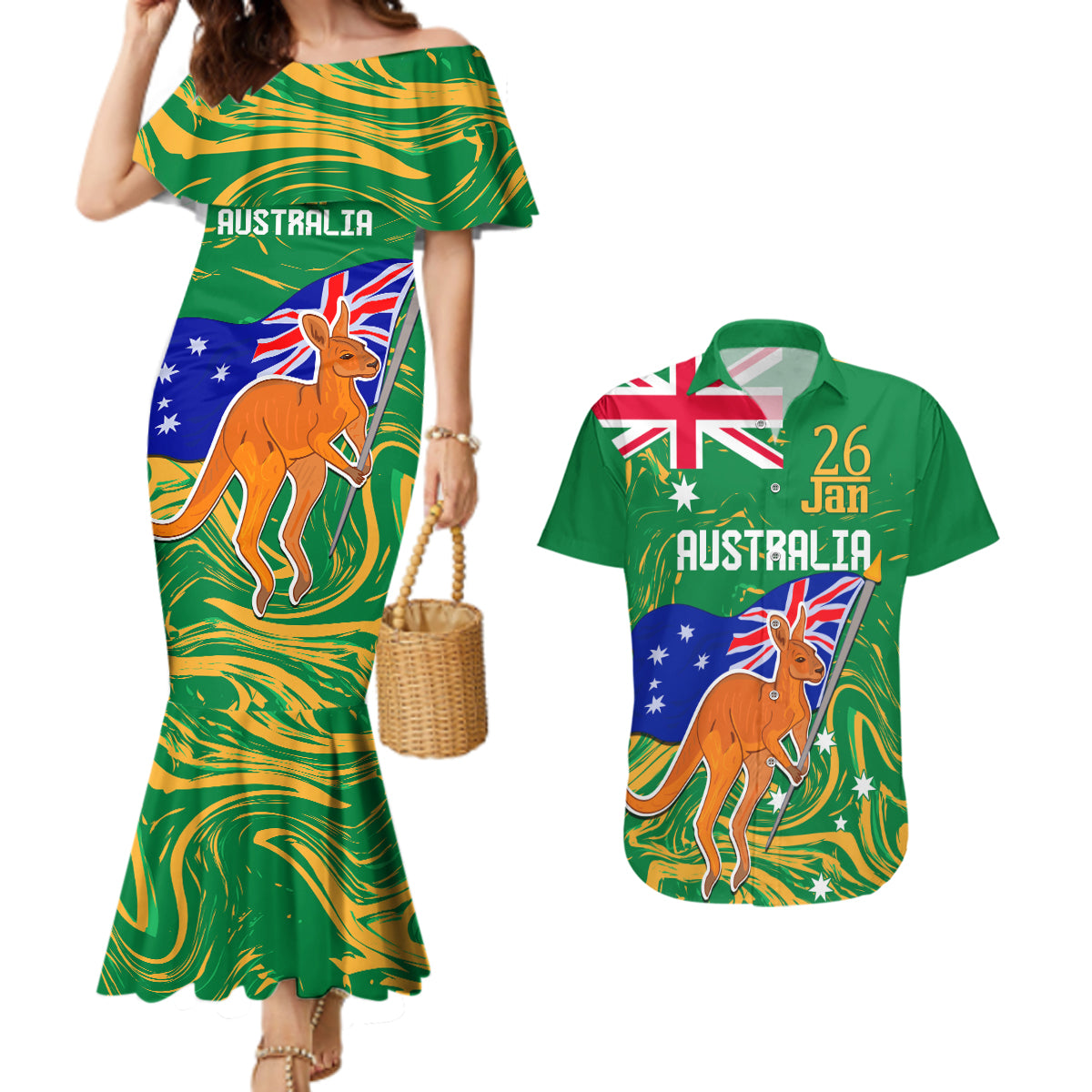 Proud To Be Australia Day Couples Matching Mermaid Dress and Hawaiian Shirt Kangaroo with National Color