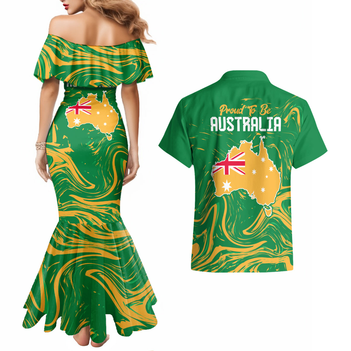 Proud To Be Australia Day Couples Matching Mermaid Dress and Hawaiian Shirt Kangaroo with National Color