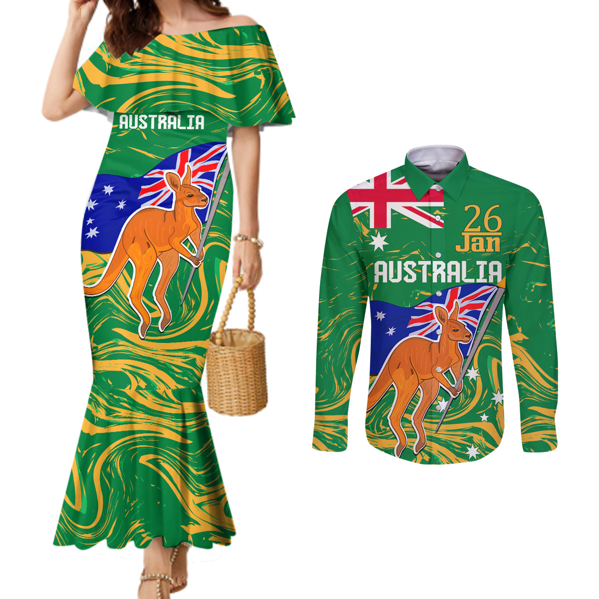 Proud To Be Australia Day Couples Matching Mermaid Dress and Long Sleeve Button Shirt Kangaroo with National Color