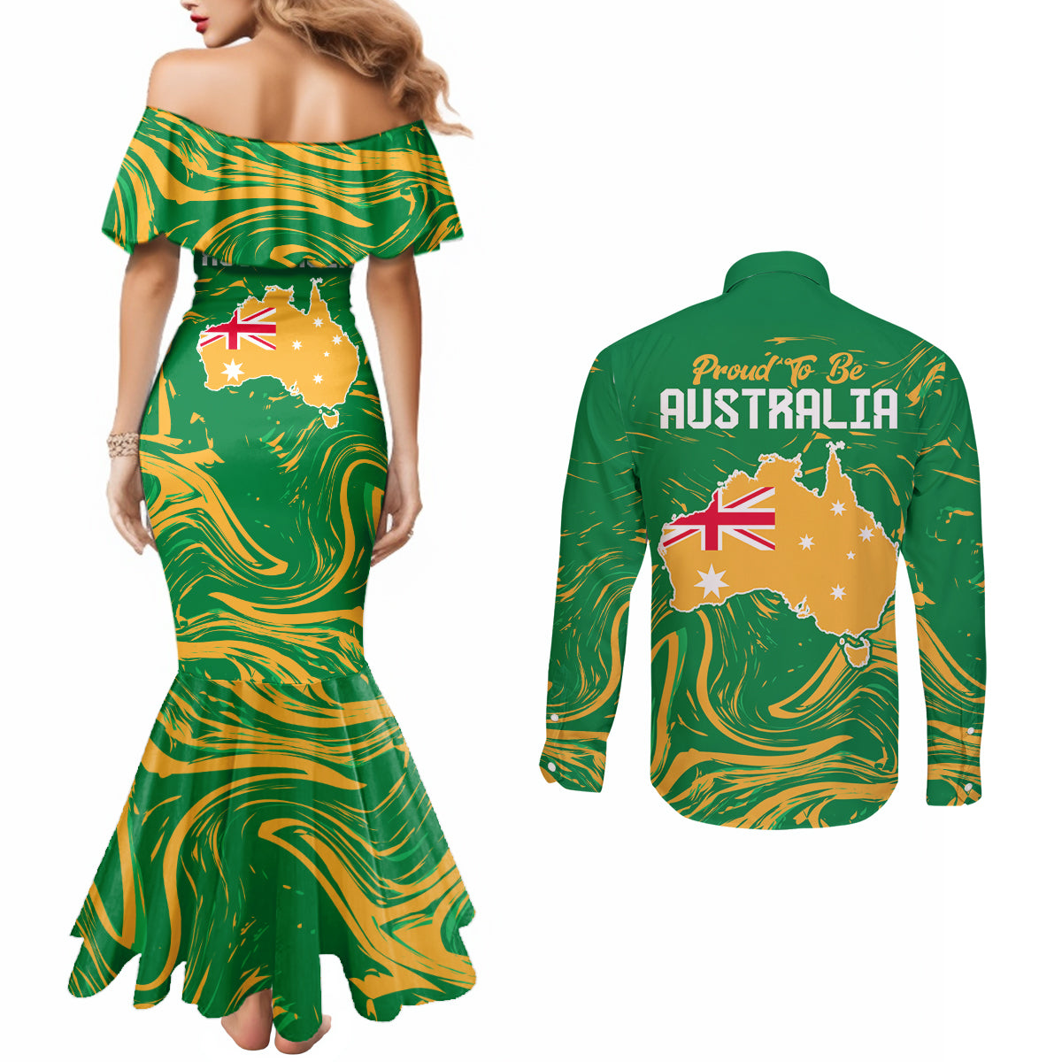 Proud To Be Australia Day Couples Matching Mermaid Dress and Long Sleeve Button Shirt Kangaroo with National Color