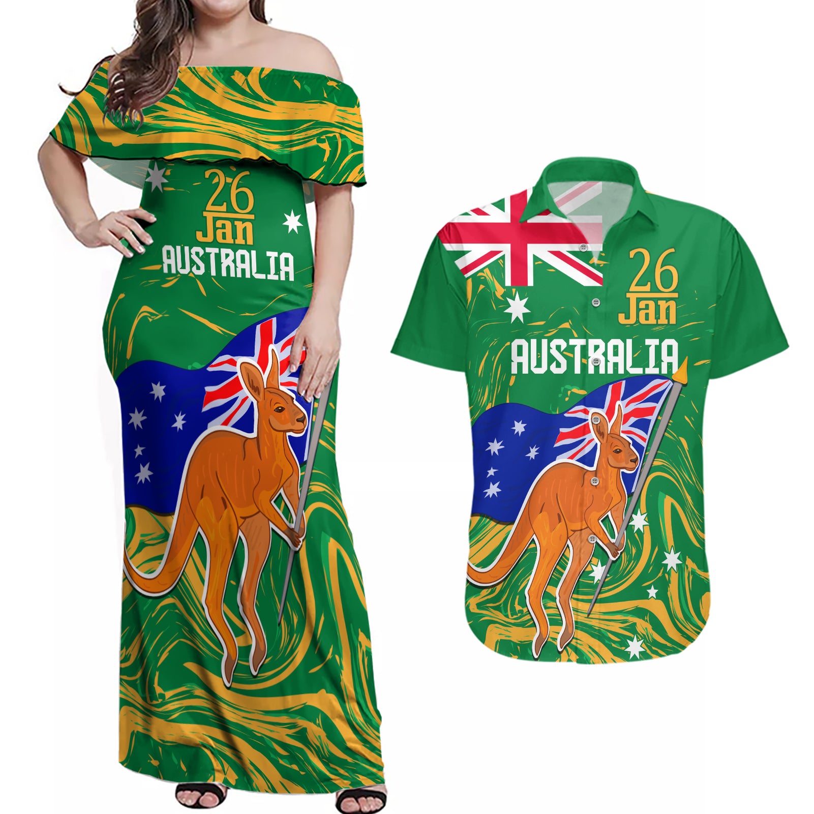 Proud To Be Australia Day Couples Matching Off Shoulder Maxi Dress and Hawaiian Shirt Kangaroo with National Color