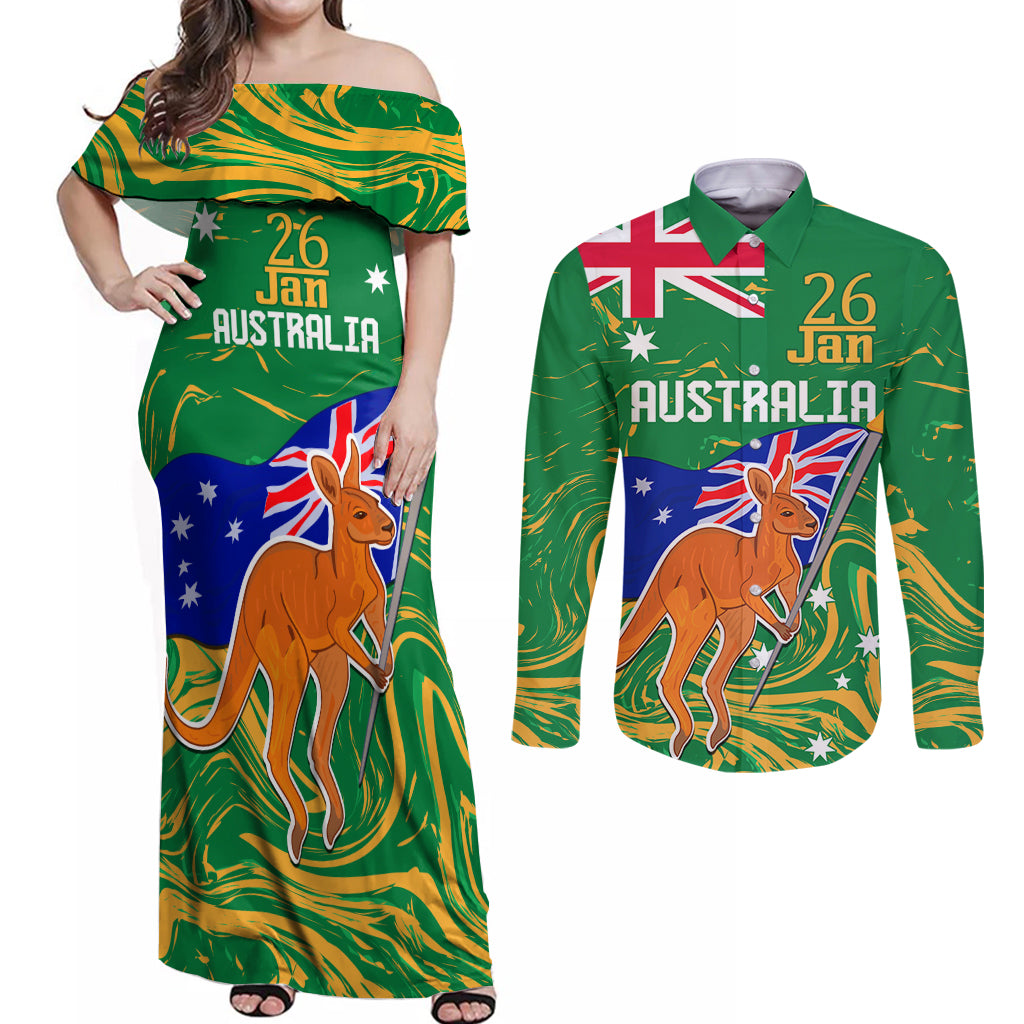 Proud To Be Australia Day Couples Matching Off Shoulder Maxi Dress and Long Sleeve Button Shirt Kangaroo with National Color