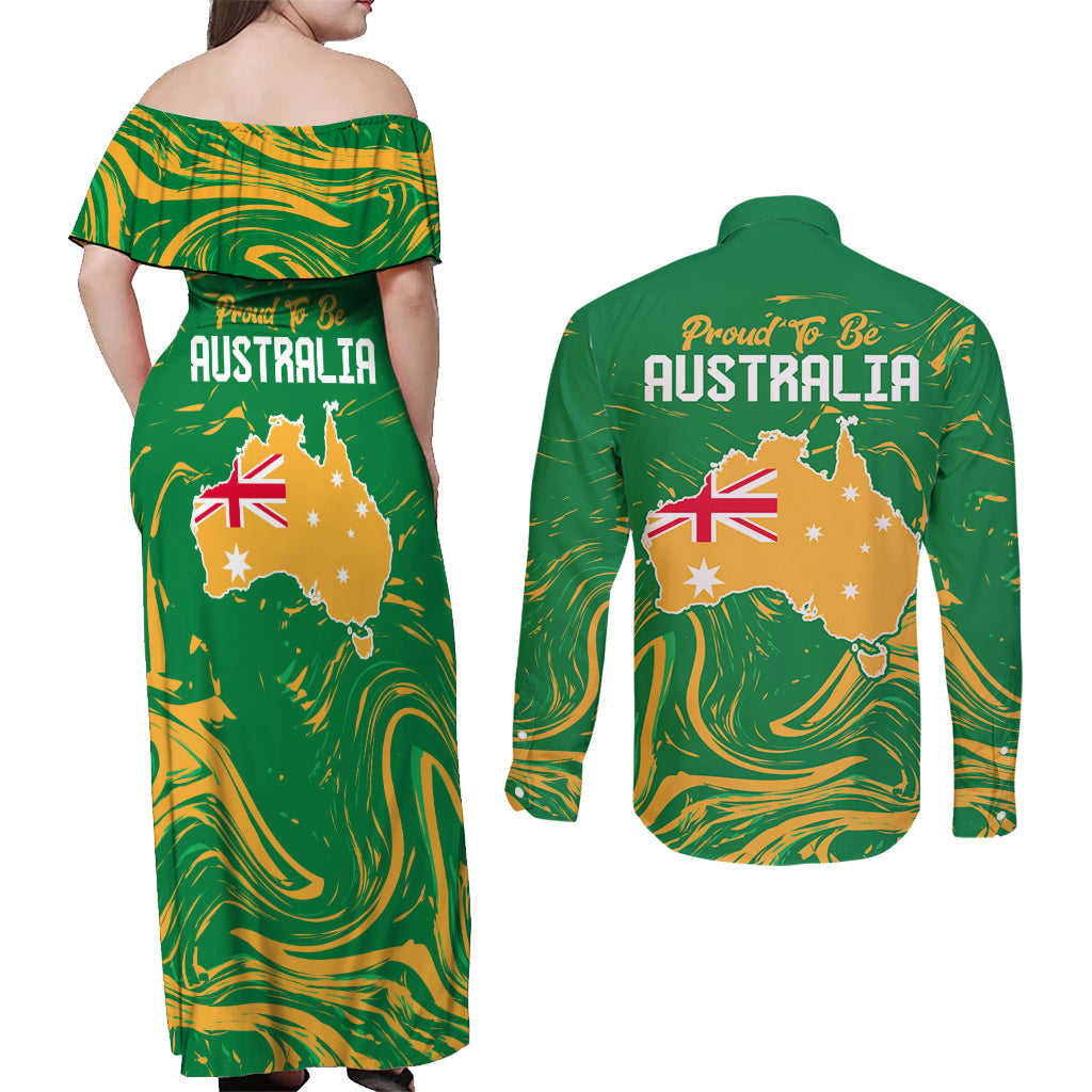 Proud To Be Australia Day Couples Matching Off Shoulder Maxi Dress and Long Sleeve Button Shirt Kangaroo with National Color