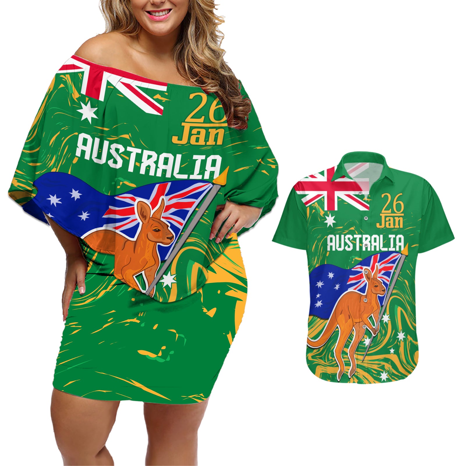 Proud To Be Australia Day Couples Matching Off Shoulder Short Dress and Hawaiian Shirt Kangaroo with National Color