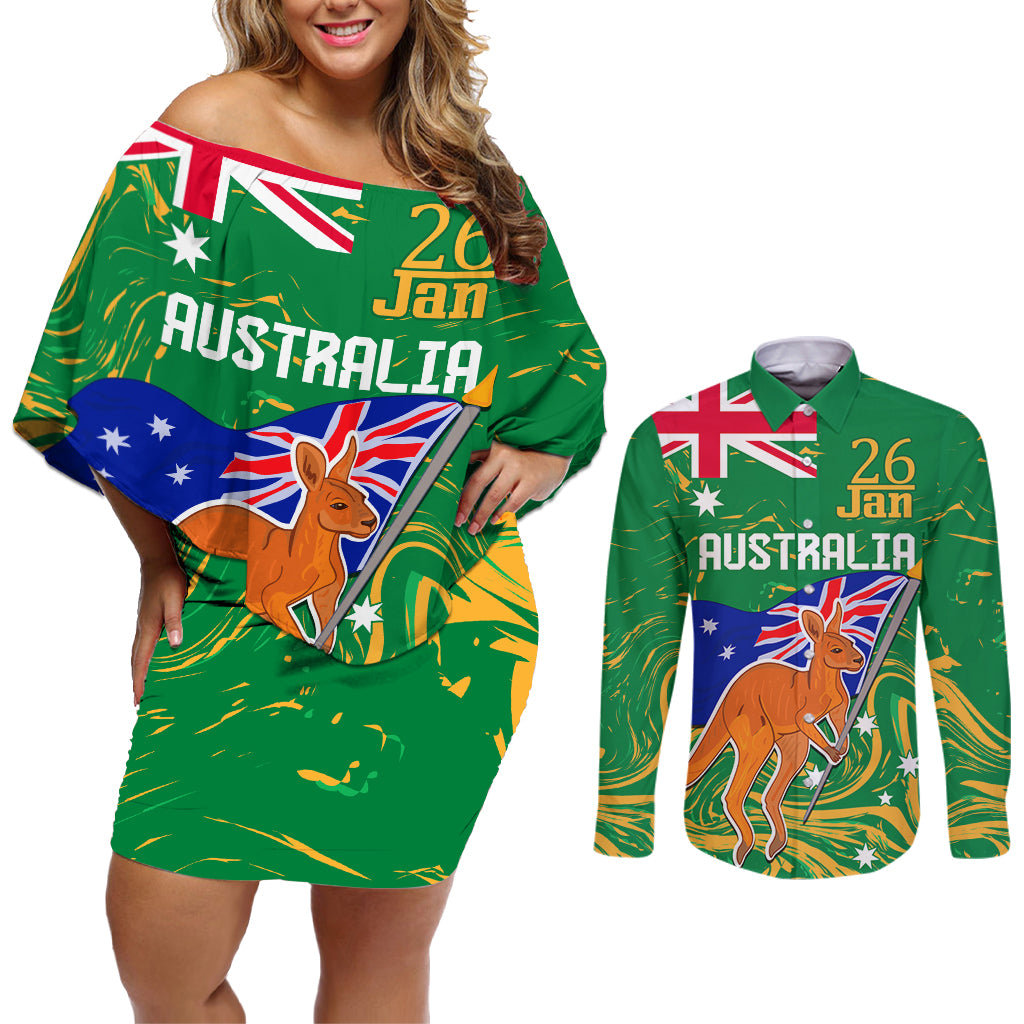 Proud To Be Australia Day Couples Matching Off Shoulder Short Dress and Long Sleeve Button Shirt Kangaroo with National Color