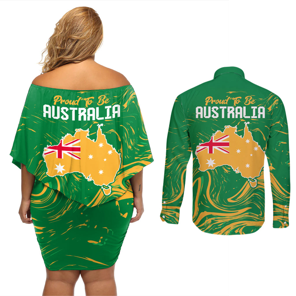 Proud To Be Australia Day Couples Matching Off Shoulder Short Dress and Long Sleeve Button Shirt Kangaroo with National Color