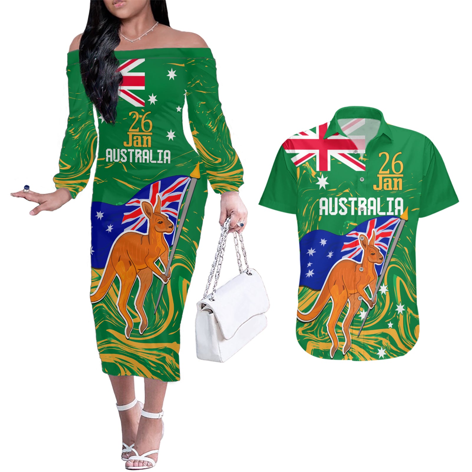 Proud To Be Australia Day Couples Matching Off The Shoulder Long Sleeve Dress and Hawaiian Shirt Kangaroo with National Color