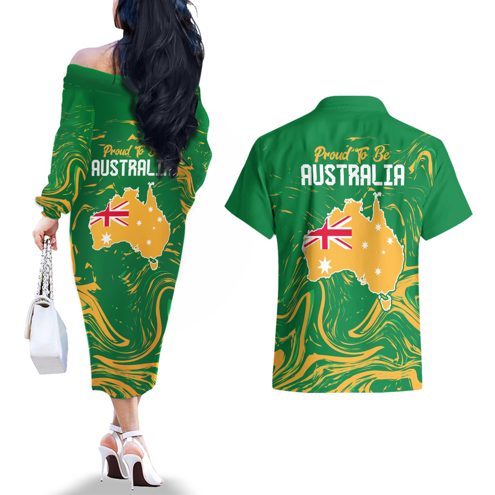 Proud To Be Australia Day Couples Matching Off The Shoulder Long Sleeve Dress and Hawaiian Shirt Kangaroo with National Color