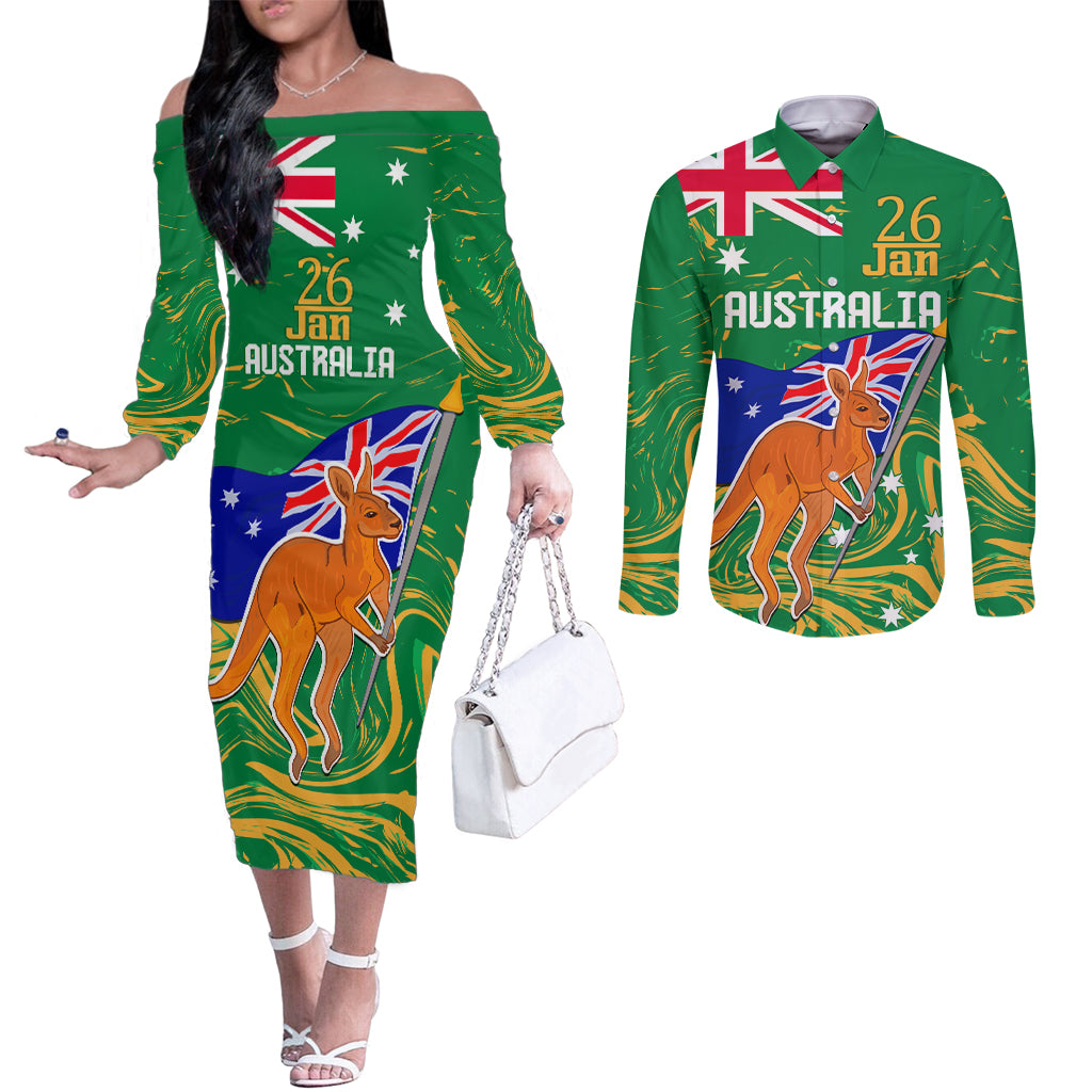 Proud To Be Australia Day Couples Matching Off The Shoulder Long Sleeve Dress and Long Sleeve Button Shirt Kangaroo with National Color