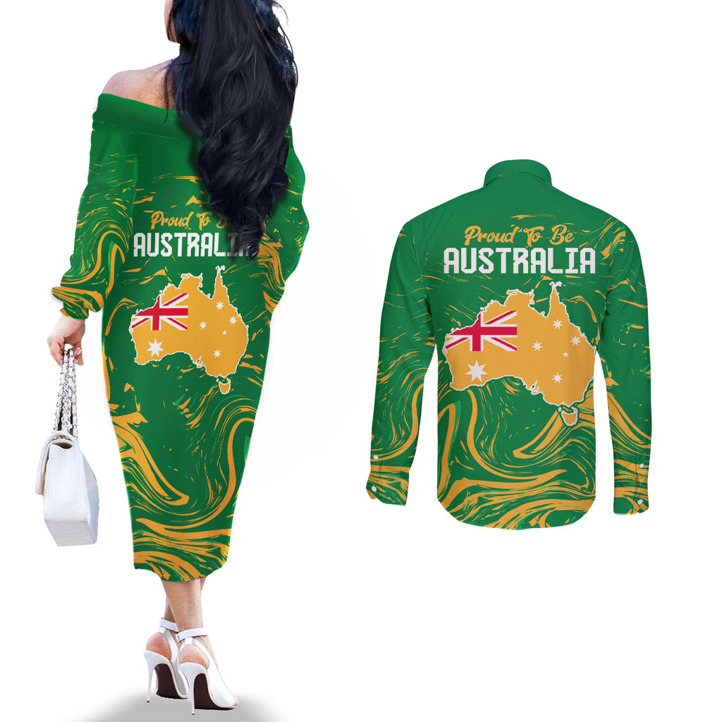 Proud To Be Australia Day Couples Matching Off The Shoulder Long Sleeve Dress and Long Sleeve Button Shirt Kangaroo with National Color